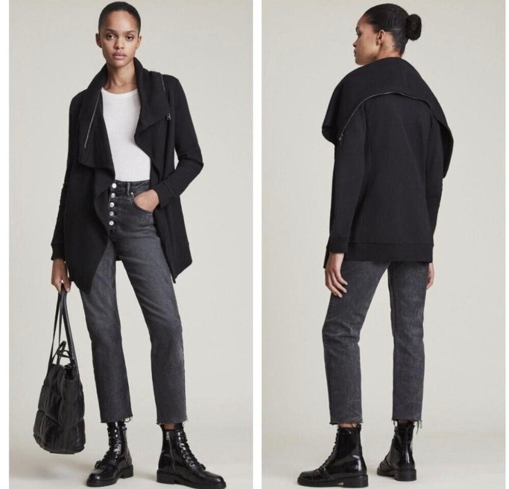 AllSaints Women's Black Dahlia Open Front Draped Cardigan Sweatshirt in L.